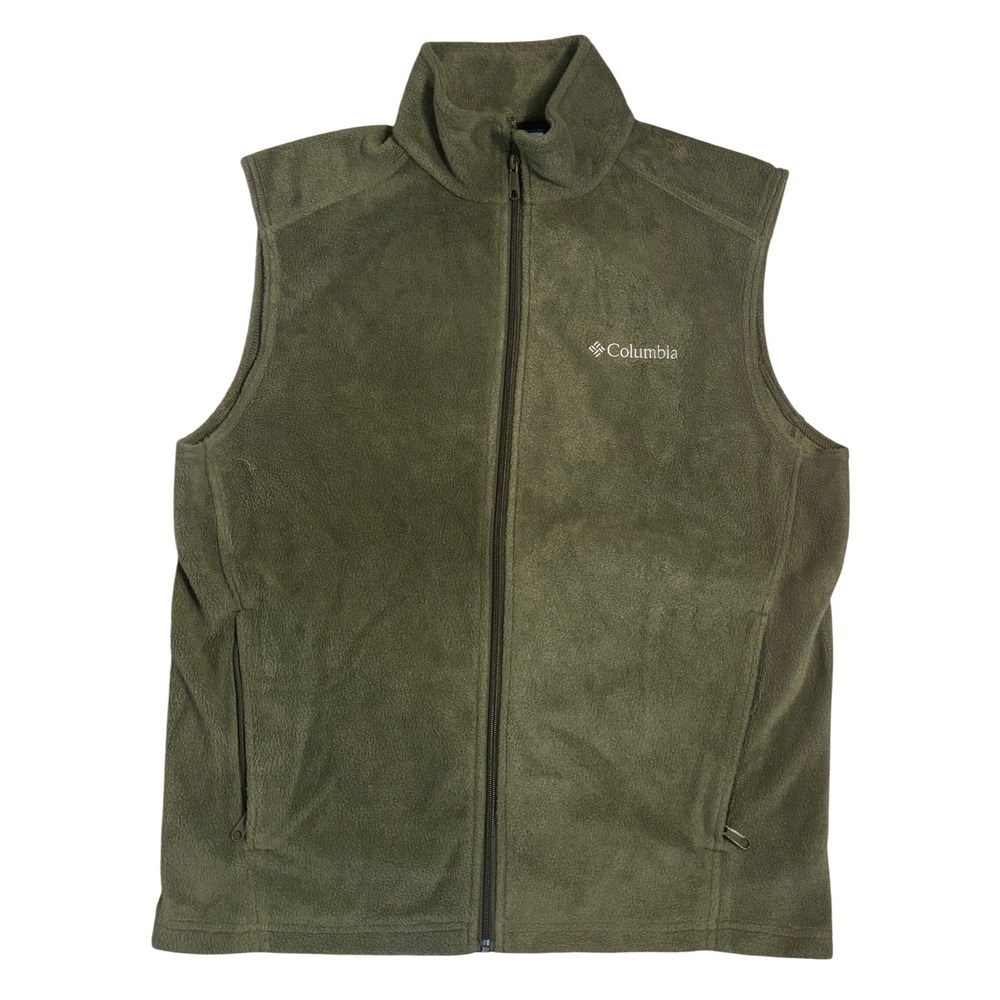 Columbia Fleece Vest Medium Olive Green Full Zip Mock Neck Pockets